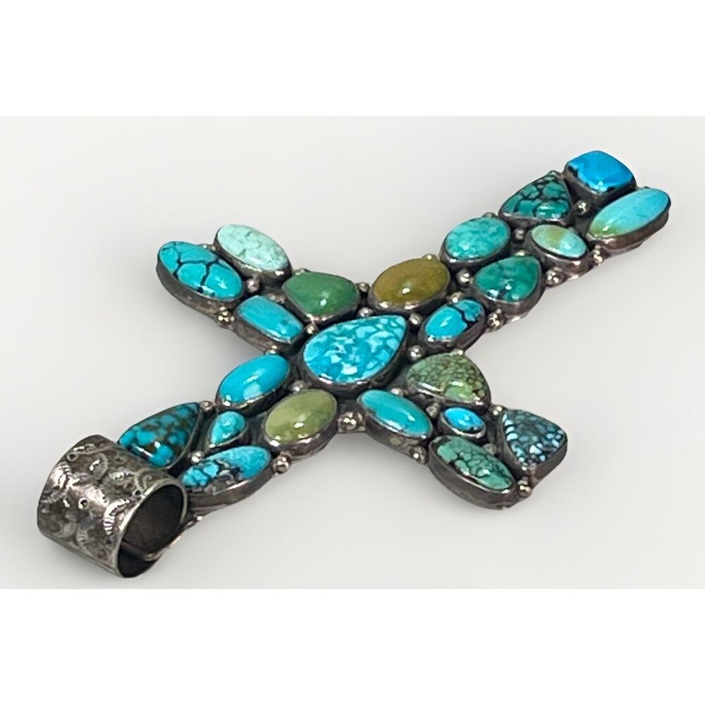VTG Zuni Turquoise Cluster Sterling Silver Cross Pendant by B Bowekaty 73.4g - Picture 7 of 14